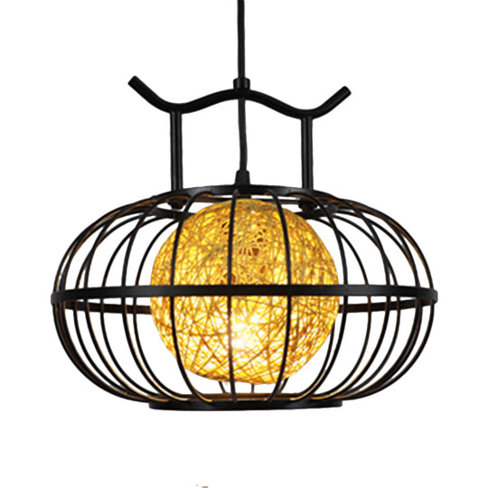 Metal Pumpkin Cage Hanging Pendant Light With Rattan Ball Shade - Asian Style Suspension Lamp