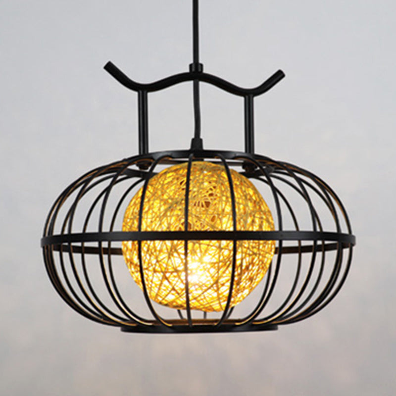 Metal Pumpkin Cage Hanging Pendant Light With Rattan Ball Shade - Asian Style Suspension Lamp