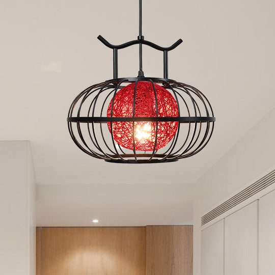 Metal Pumpkin Cage Hanging Pendant Light with Inner Rattan Ball Shade - Asian Style Suspension Lamp (Red/Yellow)