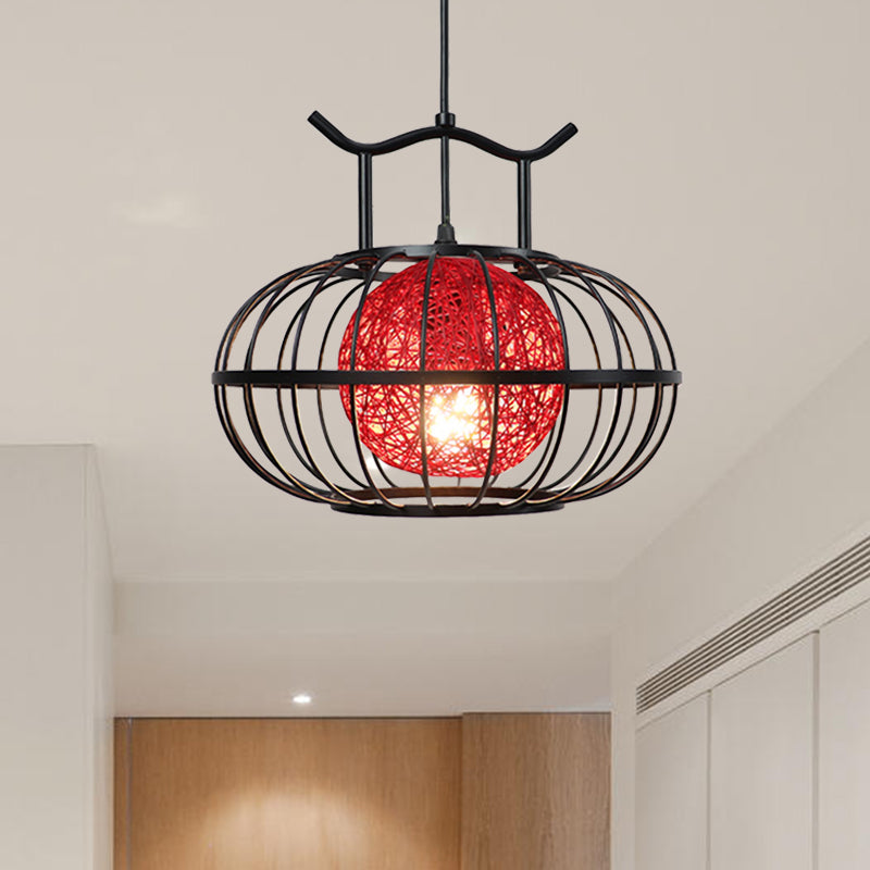 Metal Pumpkin Cage Hanging Pendant Light With Rattan Ball Shade - Asian Style Suspension Lamp
