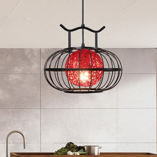 Metal Pumpkin Cage Hanging Pendant Light With Rattan Ball Shade - Asian Style Suspension Lamp