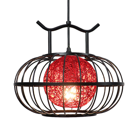 Metal Pumpkin Cage Hanging Pendant Light with Inner Rattan Ball Shade - Asian Style Suspension Lamp (Red/Yellow)