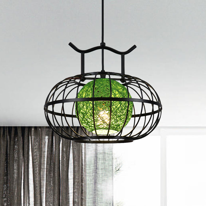 Metal Pumpkin Cage Hanging Pendant Light with Inner Rattan Ball Shade - Asian Style Suspension Lamp (Red/Yellow)