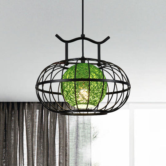Metal Pumpkin Cage Hanging Pendant Light With Rattan Ball Shade - Asian Style Suspension Lamp