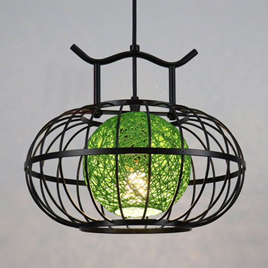 Metal Pumpkin Cage Hanging Pendant Light With Rattan Ball Shade - Asian Style Suspension Lamp