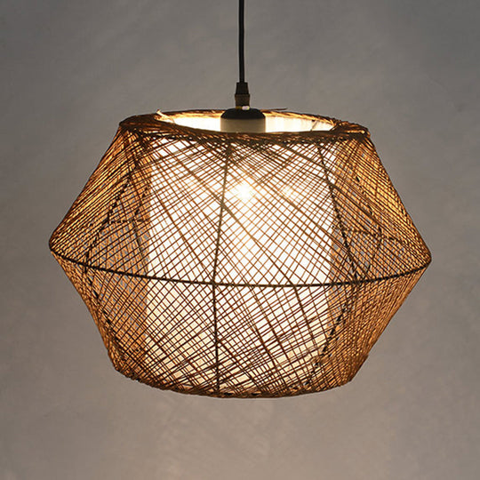 Handmade Asian Style Rattan Fiber Ceiling Pendant Light - Geometric Shade 1 Beige Suspended Lamp