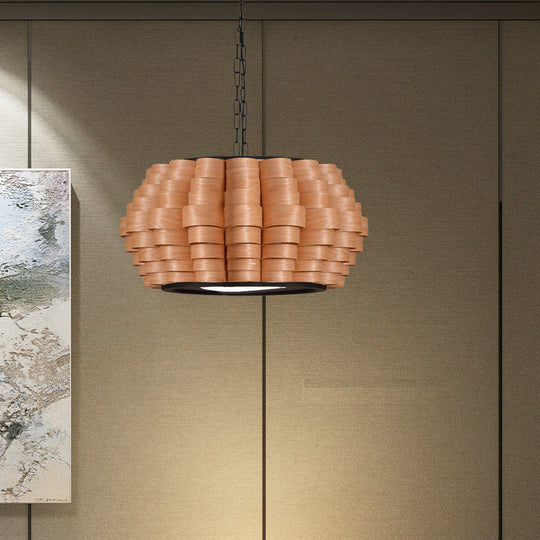 Chinese Single Light Veneer Pendant Lamp - Wide Wood Barrel Shade Hanging Light for Dining Room (16"/19.5"/23.5")
