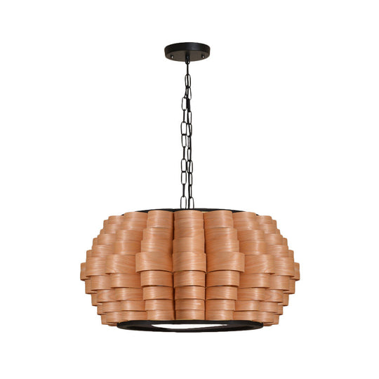 Chinese Wood Barrel Pendant Light With Single Veneer Shade - Perfect For Dining Room Available In 3