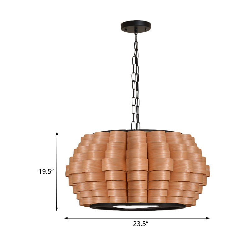 Chinese Wood Barrel Pendant Light With Single Veneer Shade - Perfect For Dining Room Available In 3