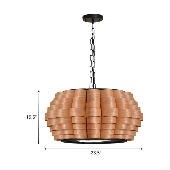 Chinese Wood Barrel Pendant Light With Single Veneer Shade - Perfect For Dining Room Available In 3