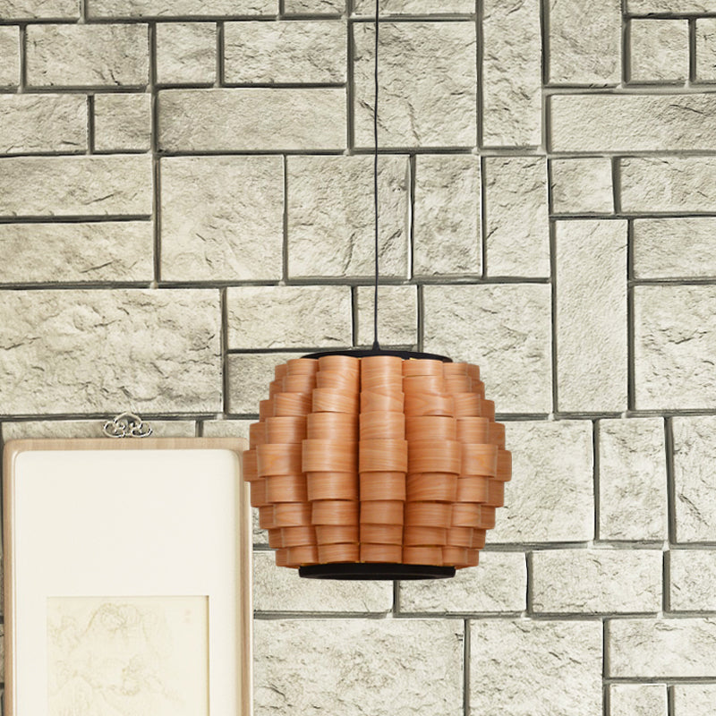 Chinese Wood Barrel Pendant Light With Single Veneer Shade - Perfect For Dining Room Available In 3