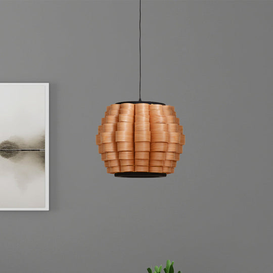 Chinese Single Light Veneer Pendant Lamp - Wide Wood Barrel Shade Hanging Light for Dining Room (16"/19.5"/23.5")
