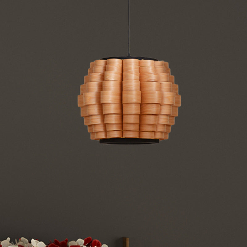 Chinese Single Light Veneer Pendant Lamp - Wide Wood Barrel Shade Hanging Light for Dining Room (16"/19.5"/23.5")