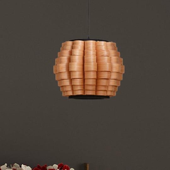 Chinese Wood Barrel Pendant Light With Single Veneer Shade - Perfect For Dining Room Available In 3