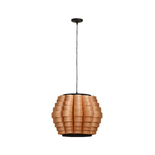 Chinese Wood Barrel Pendant Light With Single Veneer Shade - Perfect For Dining Room Available In 3