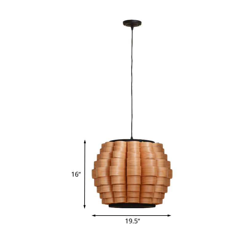 Chinese Single Light Veneer Pendant Lamp - Wide Wood Barrel Shade Hanging Light for Dining Room (16"/19.5"/23.5")