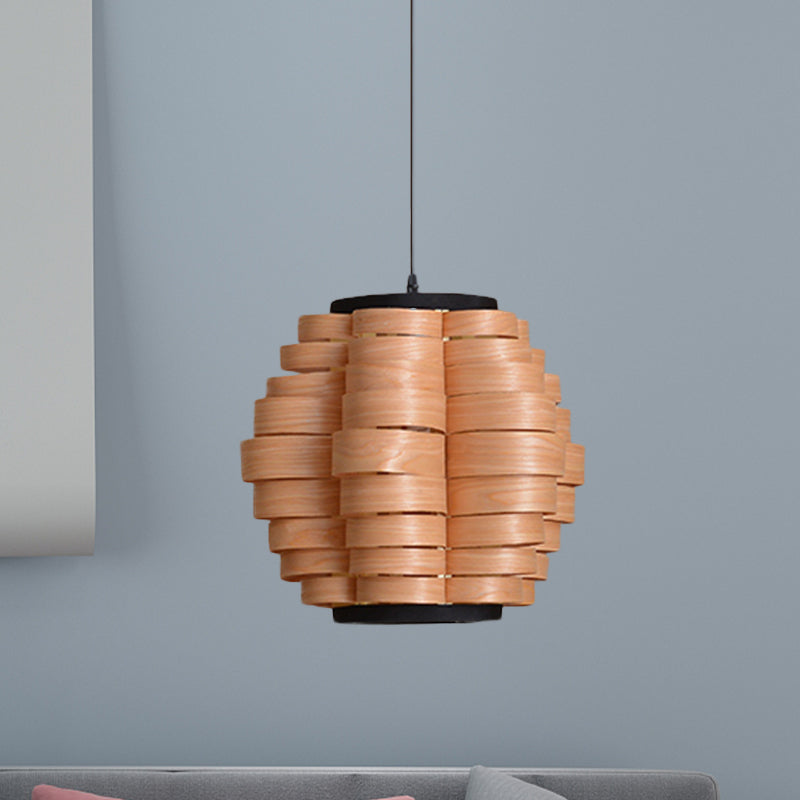 Chinese Wood Barrel Pendant Light With Single Veneer Shade - Perfect For Dining Room Available In 3