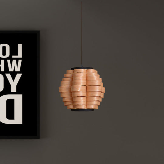 Chinese Wood Barrel Pendant Light With Single Veneer Shade - Perfect For Dining Room Available In 3