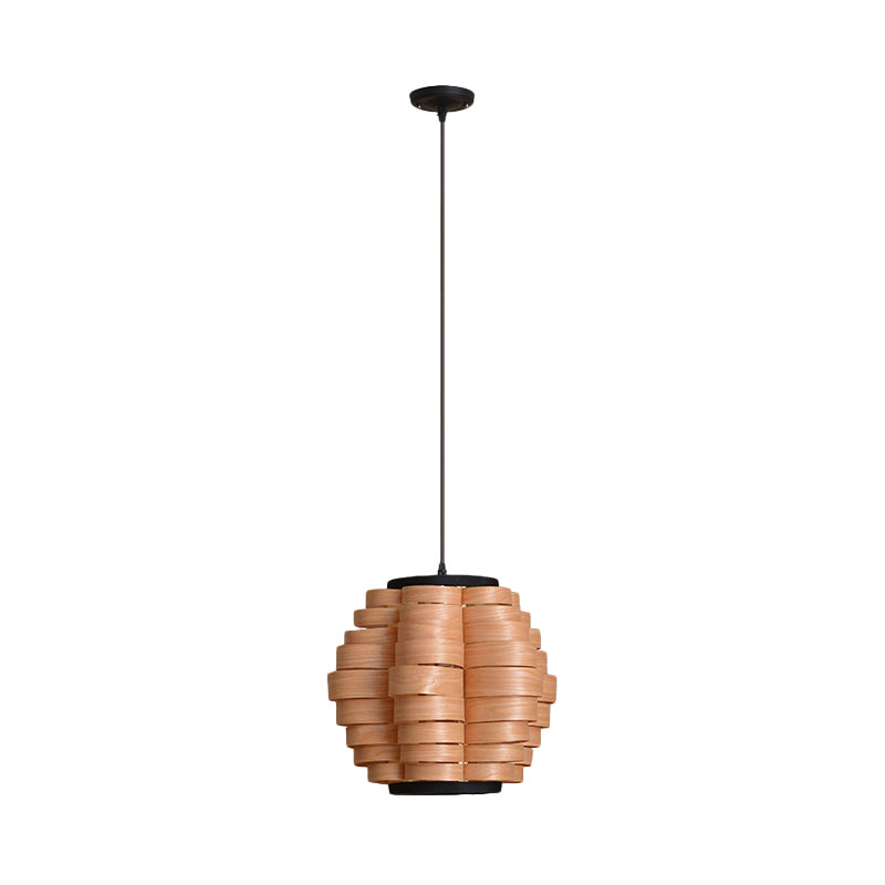 Chinese Wood Barrel Pendant Light With Single Veneer Shade - Perfect For Dining Room Available In 3