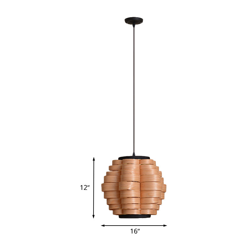Chinese Wood Barrel Pendant Light With Single Veneer Shade - Perfect For Dining Room Available In 3