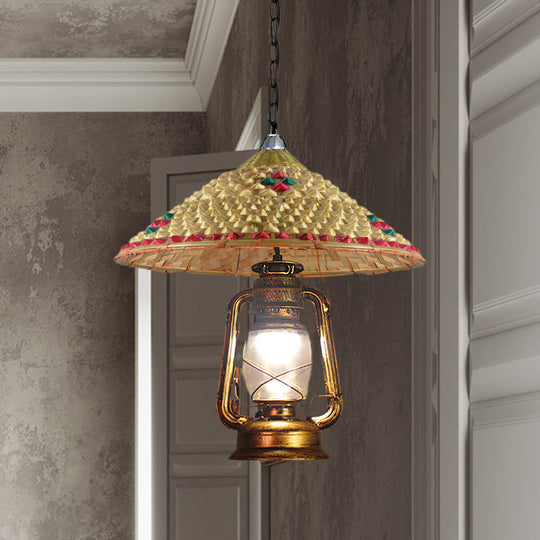 Rattan Hanging Pendant Lamp - South-East Asia Inspired Design With Beige Lantern Shade 15/16.5 Width