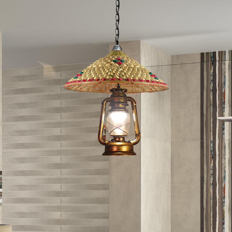 Suspension en rotin à 1 tête avec abat-jour en forme de lanterne | En forme de chapeau d'Asie du Sud-Est | Lampe suspendue d'intérieur | Beige | Largeur 15"/16,5"