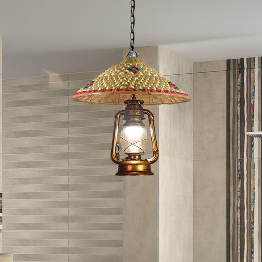 Suspension en rotin à 1 tête avec abat-jour en forme de lanterne | En forme de chapeau d'Asie du Sud-Est | Lampe suspendue d'intérieur | Beige | Largeur 15"/16,5"