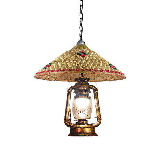 Rattan Hanging Pendant Lamp - South-East Asia Inspired Design With Beige Lantern Shade 15/16.5 Width