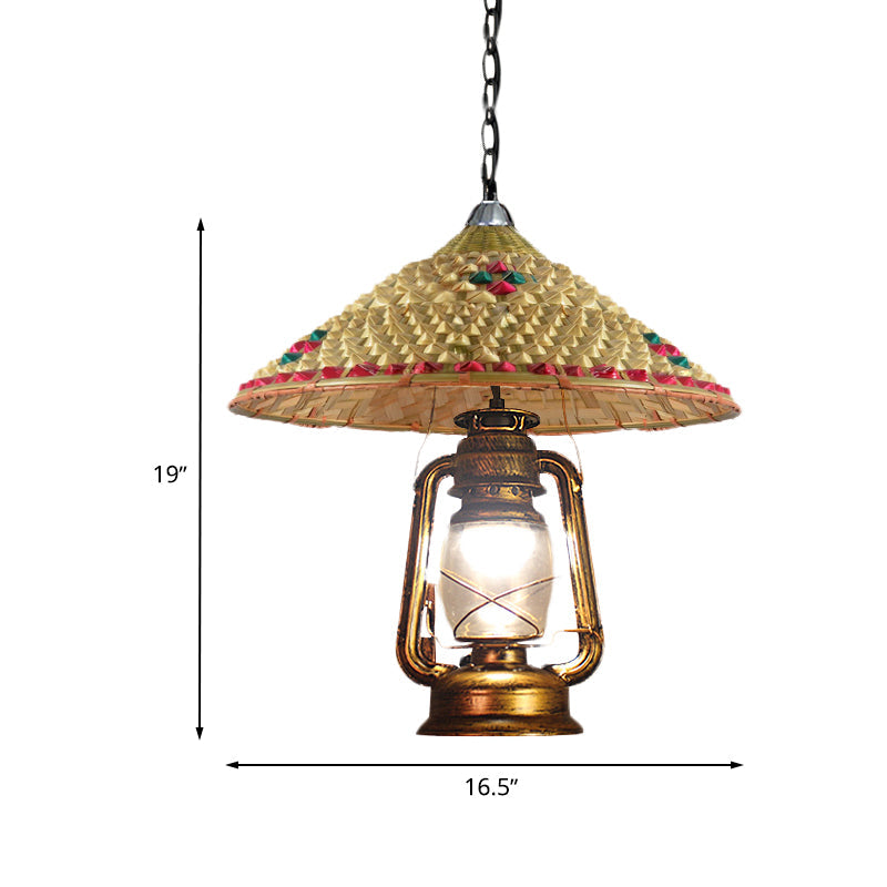 Rattan Hanging Pendant Lamp - South-East Asia Inspired Design With Beige Lantern Shade 15/16.5 Width