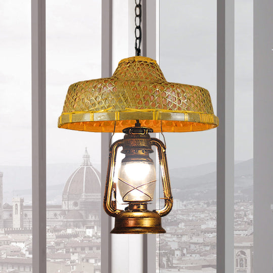 Suspension en rotin à 1 tête avec abat-jour en forme de lanterne | En forme de chapeau d'Asie du Sud-Est | Lampe suspendue d'intérieur | Beige | Largeur 15"/16,5"