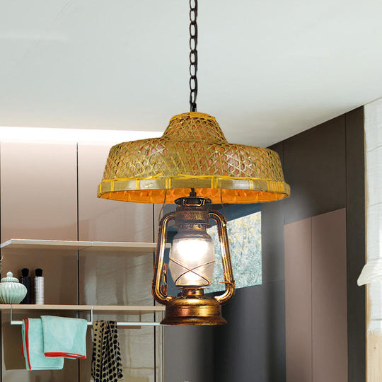 Rattan Hanging Pendant Lamp - South-East Asia Inspired Design With Beige Lantern Shade 15/16.5 Width