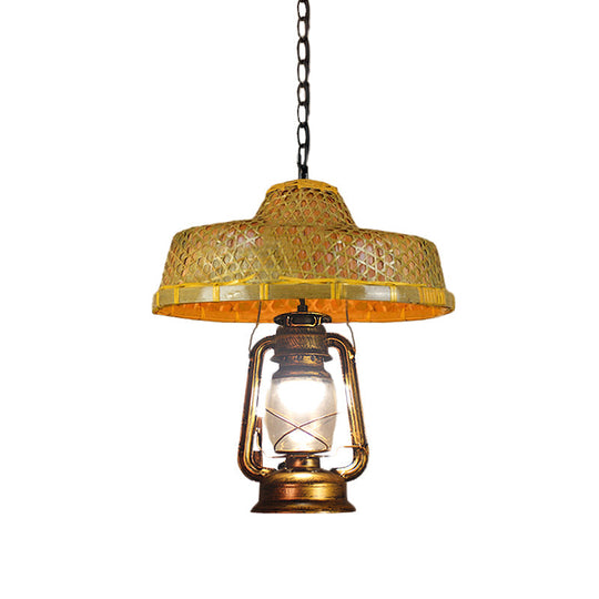 Suspension en rotin à 1 tête avec abat-jour en forme de lanterne | En forme de chapeau d'Asie du Sud-Est | Lampe suspendue d'intérieur | Beige | Largeur 15"/16,5"