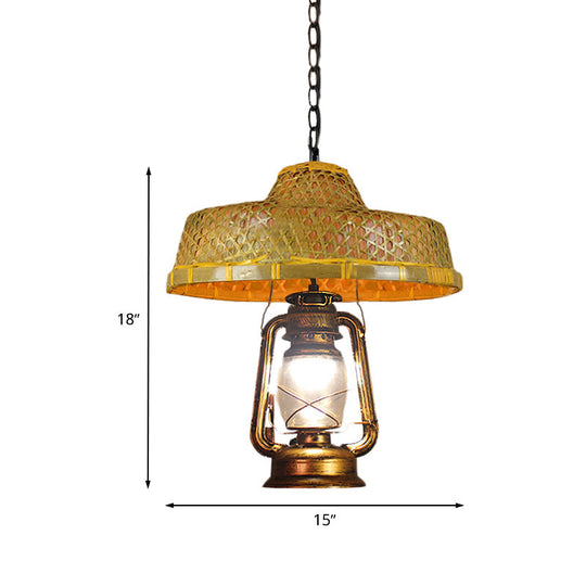Suspension en rotin à 1 tête avec abat-jour en forme de lanterne | En forme de chapeau d'Asie du Sud-Est | Lampe suspendue d'intérieur | Beige | Largeur 15"/16,5"