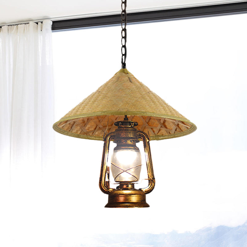 Rattan Hanging Pendant Lamp - South-East Asia Inspired Design With Beige Lantern Shade 15/16.5 Width
