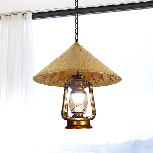 Rattan Hanging Pendant Lamp - South-East Asia Inspired Design With Beige Lantern Shade 15/16.5 Width