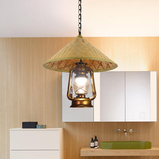 Suspension en rotin à 1 tête avec abat-jour en forme de lanterne | En forme de chapeau d'Asie du Sud-Est | Lampe suspendue d'intérieur | Beige | Largeur 15"/16,5"