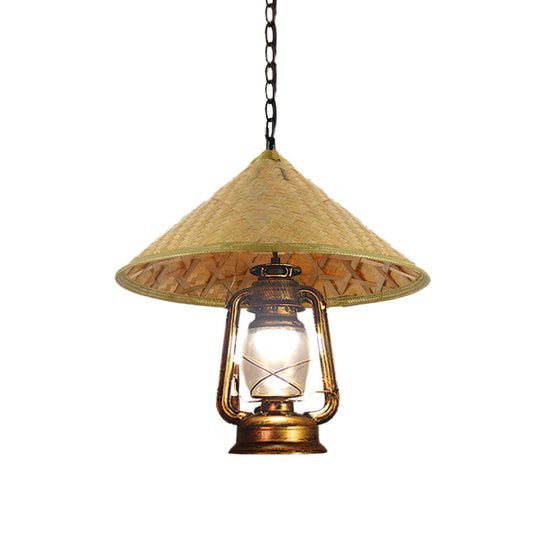 Suspension en rotin à 1 tête avec abat-jour en forme de lanterne | En forme de chapeau d'Asie du Sud-Est | Lampe suspendue d'intérieur | Beige | Largeur 15"/16,5"