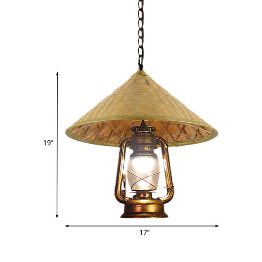 Rattan Hanging Pendant Lamp - South-East Asia Inspired Design With Beige Lantern Shade 15/16.5 Width