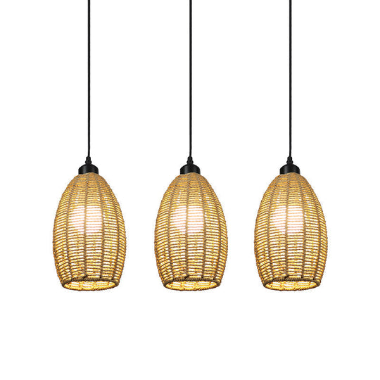 Asian Style 1/3-Light Pendant Light With Oval Rattan Shade Beige Ceiling Lamp
