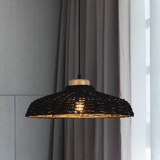 Asian Style Rattan Pendant Lamp - Beige/Black Barn Shade Height Adjustable 1 Light 12.5/18 W Black /