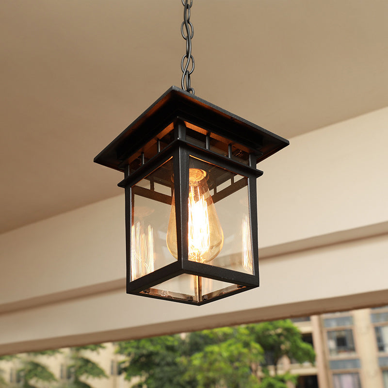 Farmhouse Brass/Black Lantern Pendant Light With Clear Glass Ceiling Fixture For Passage