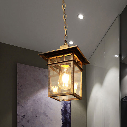 Farmhouse Brass/Black Lantern Pendant Light With Clear Glass Ceiling Fixture For Passage