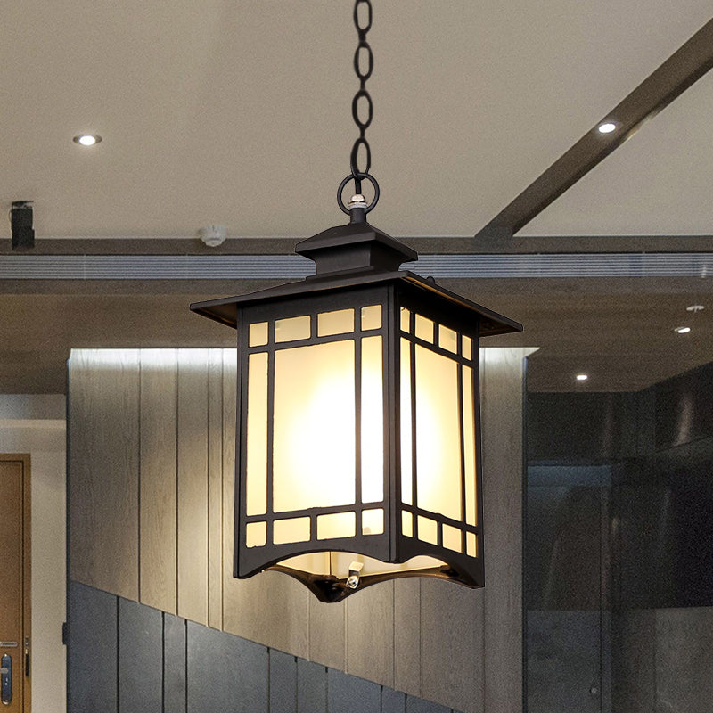 Rustic Frosted Glass Pendant Light With Black Finish & Open Bottom For Courtyard