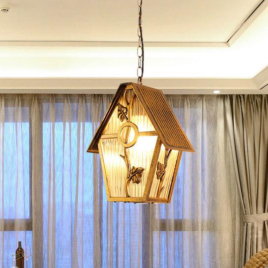 Country House Shape Hanging Light Kit With Aluminum Brass Finish 1-Bulb Ceiling Suspension Lamp And