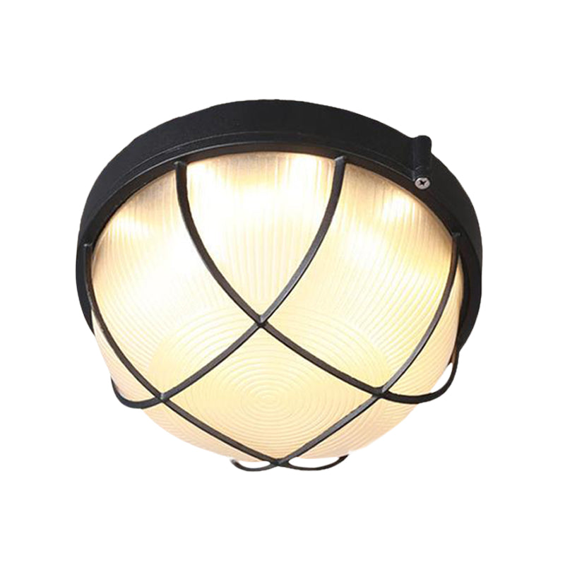 Farmhouse Flush Ceiling Lamp: 1-Light Dome Fixture, Frosted Glass, White/Black – Bedroom Lighting