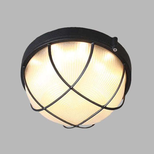 Farmhouse Flush Ceiling Lamp: 1-Light Dome Fixture, Frosted Glass, White/Black – Bedroom Lighting