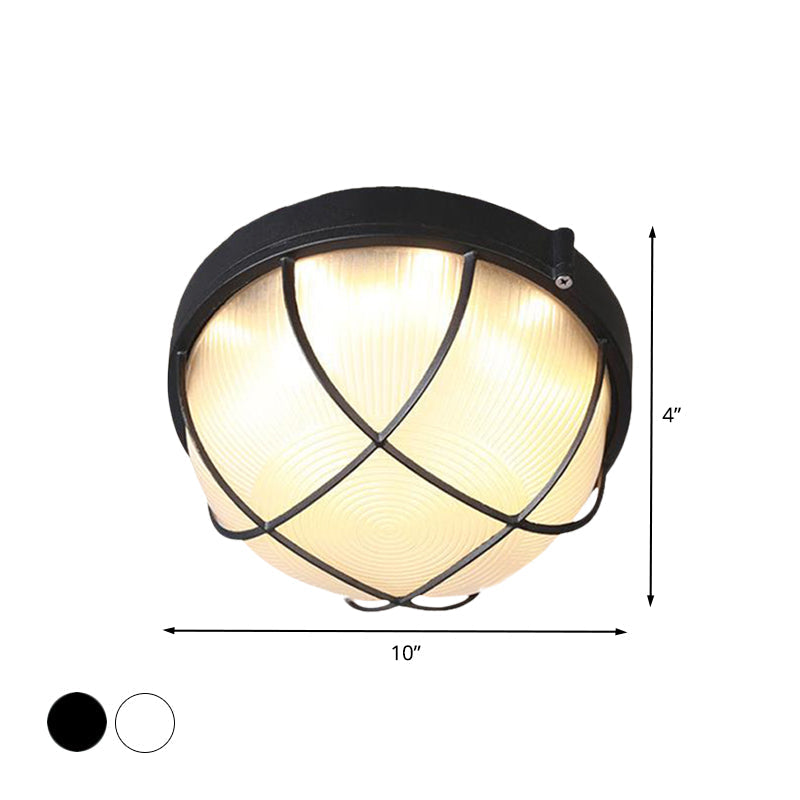 Farmhouse Flush Ceiling Lamp: 1-Light Dome Fixture, Frosted Glass, White/Black – Bedroom Lighting