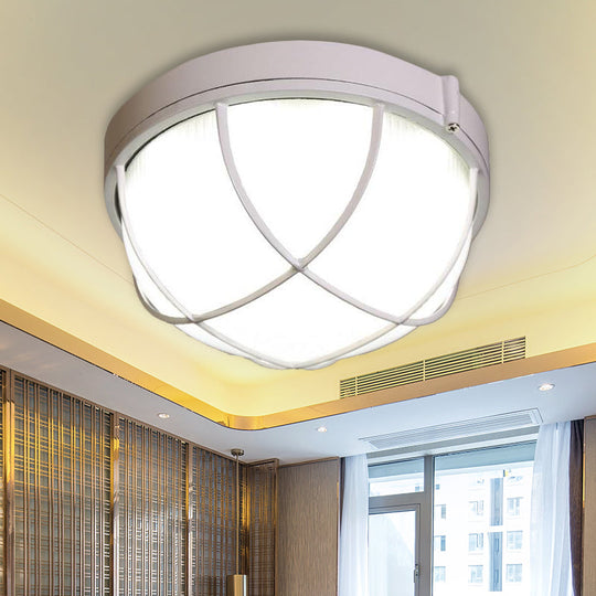 Farmhouse Flush Ceiling Lamp: 1-Light Dome Fixture, Frosted Glass, White/Black – Bedroom Lighting