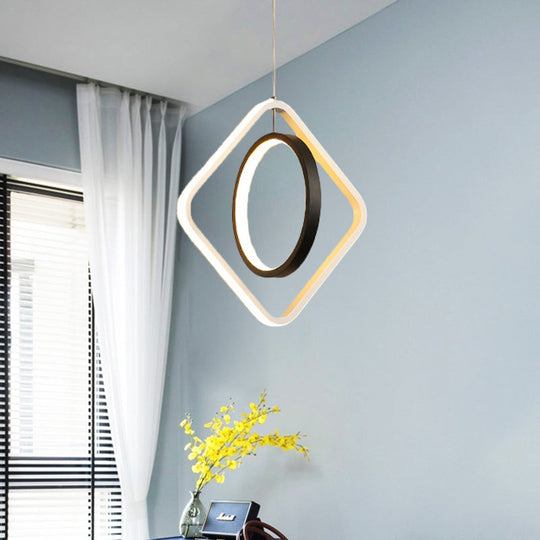 Black Led Suspension Light With Acrylic Shade - Modern Hoop And Square Pendant Lamp In Warm/White /