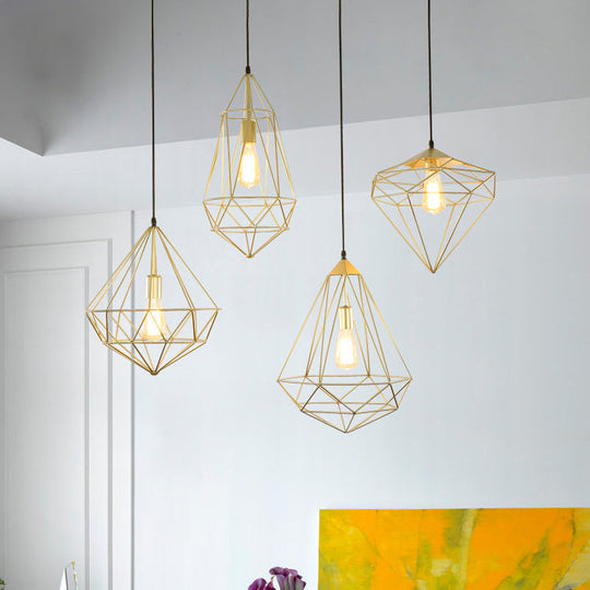 Modern Style Gold Metallic Prism Cage Pendant Light With Adjustable Cord